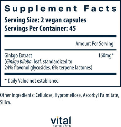 Vital Nutrients - Ginkgo (50:1 Extract) - Supports Mental Acuity and Circulation - 90 Capsules per Bottle - 80 mg