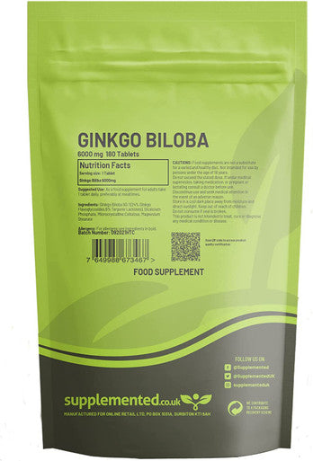 Ginkgo Biloba 6000mg 180 Tablets Herbal Extract UK Made. High Strength Pharmaceutical Grade Vegan Supplement