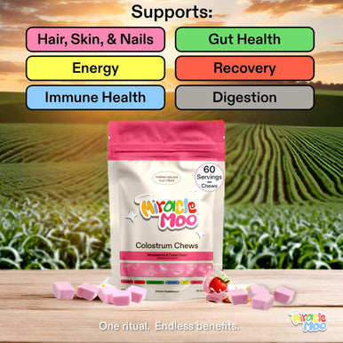 Miracle Moo Colostrum Chews Supplement for Gut Health Bloating Immune Support Skin Hair Growth and Beauty - Grass Fed Bovine Powder - Strawberry Flavor (60 Servings)