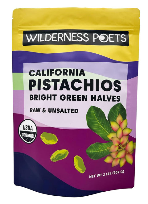 Wilderness Poets Organic Pistachios Bright Green Pistachio Nut Halves No Salt Grown in California (5 Pound)
