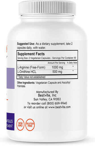 L-Arginine L-Ornithine 500-250 (120 Vegetarian Capsules) - No Stearates - No Fillers - Vegan - Non GMO - Gluten Free - No Calcium Silicate