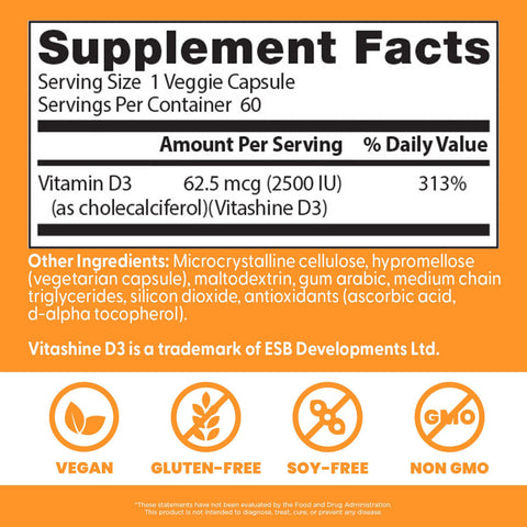 Doctor'S Best Doctors Best Vegan Vitamin D3 2500 Iu Veg Caps - Vegan Vitamin D Supplement For Men & Women Helps Support Calcium Absorption Heart Health & Immune Support 62.5 Mcg Per Serving 60 Veggie Capsules