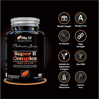 Vitamin B Complex - 8 High Strength B Vitamins & Vitamin C - Vitamins B1, B2, B3, B5, B6, B8, B9 & B12, 90 Timed Release Tablets, 3 Month Supply, Vegan & Vegetarian VIT B Complex