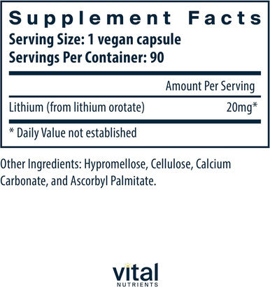 Vital Nutrients Lithium Orotate | Vegan Lithium Supplements for Memory State of Mind and Behavioral Health | 20mg | Gluten Dairy Soy | 90 Capsules