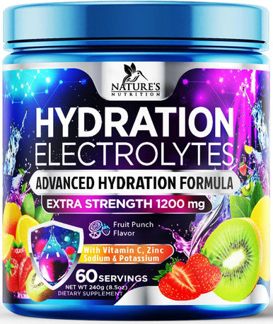 Nature'S Nutrition Daily Electrolyte Drink Mix - Best Multivitamin Hydration Supplement 6 Electrolytes & Minerals Post Workout & Recovery Electrolyte Powder Refreshing Fruit Punch Flavor Vegan Non-GMO - 60 Servings
