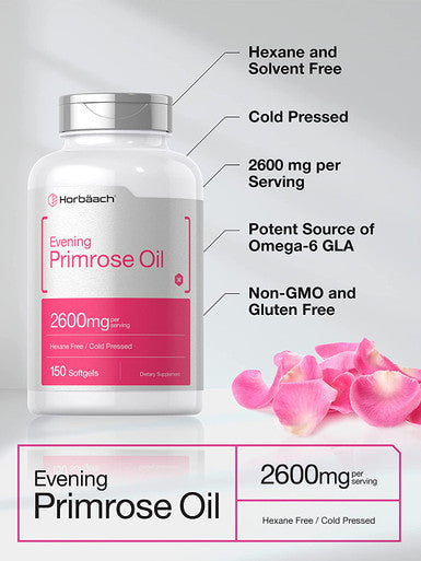 Evening Primrose Oil Capsules 2600mg | 150 Softgels | Hexane and Solvent Free Pills | Cold Pressed Supplement with GLA | Non-GMO, Gluten Free | by Horbaach
