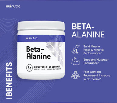 Nui Nutra Beta-Alanine Powder Supplement | 240G | 80 Servings | Helps Build Muscle Mass, Carnosine Levels, & Athletic Performance | Supports Muscular Endurance
