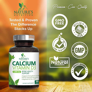 Calcium Carbonate with Vitamin D, Supports Immune Health & Bone Health, 1300mg Calcium & 800 IU Vitamin D3, Fast Absorption, Gluten Free, Supplement for Women & Men by Natures Nutrition - 180 Tablets