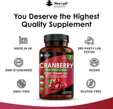 Cranberry Tablets Triple Strength 30,000Mg - 120 Cranberry Supplements Enriched With Vitamin C & D - Cranberry Supplements For Women And Men - Vegan Cranberry Tablets Made In Uk By Leaf