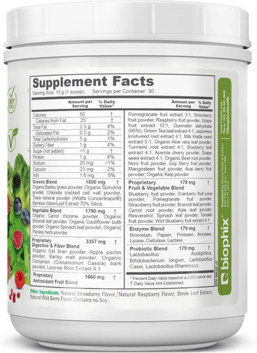 Biophix Phytoberry Greens Superfood Powder 10.6 Oz - Natural Berry Flavor Greens Vegetables Fruits Fiber Probiotics Smoothie Shake Nutrition Drink