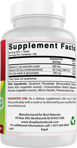 Best Naturals Zinc 100 mg with Vitamin C & D3 180 Tablets Gluten and Non-GMO