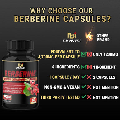 Berberine Supplement 4700mg High Potency with Ceylon Cinnamon Turmeric Cardiovascular Gastrointestinal Immune Support Berberine HCl Supplement Pills