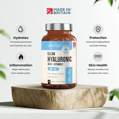 Vitabright Hyaluronic Acid Supplements 300mg + Vitamin C Pure Hyaluronic Acid Capsules of Hyaluronic Acid Powder NO Additives Strong Hyaluronic Acid Tablets VitaBright Hyaluronic Acid Nutritional Supplements