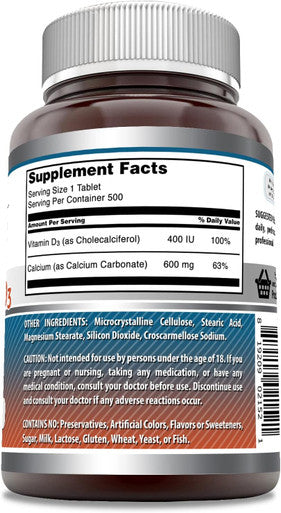 Amazing Nutrition Formulas Calcium with Vitamin D3 500 Tablets Supplement | Non-GMO | Gluten | Made in USA