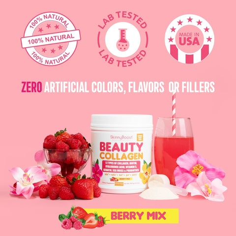Skinnyboost Beauty Collagen Powder-5 Types Of Hydrolyzed Collagen Sea Moss Biotin Keratin Hyaluronic Acid Vitamin C And Probiotics hair Skin Nails- All Natural Made In Usa-45 Servings- Mixed Berry