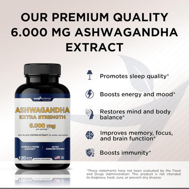 Ashwagandha Supplements - Extra Strength 6000Mg Ashwagandha Powder Capsules With Black Pepper. Natural Mood, Focus, And Energy Support Supplement, 120 Veggie Capsules, Usa Made