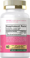 Iron Supplement for Women 45mg | 200 Tablets | Vegetarian, Non-GMO, Gluten Free, Slow Release Pills | by Carlyle