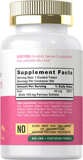Iron Supplement for Women 45mg | 200 Tablets | Vegetarian, Non-GMO, Gluten Free, Slow Release Pills | by Carlyle