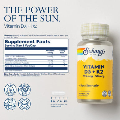 Solaray Vitamin D3 + K2 | for Immune Support, Calcium Absorption, and Support for Healthy Cardiovascular System & Arteries | Non-GMO & No Soy (120 CT)