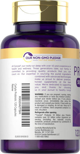 Carlyle Probiotics with Prebiotics | 120 Capsules | 50 Billion Active Organisms | Non-GMO & Gluten Supplement