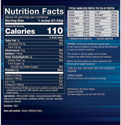 Bodytech Whey Protein Isolate Powder - Rich Chocolate Flavor - Premium Protein Supplement For Muscle Growth And Recovery - Low Carb And High Protein Formula For Performance (3 Lbs/ 43 Servings)