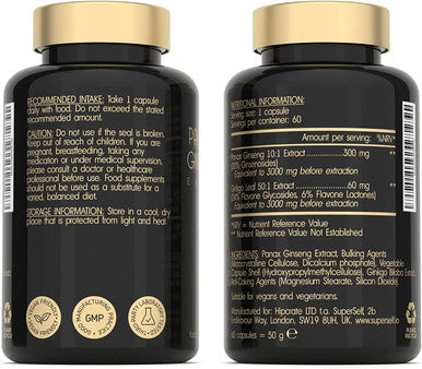 Korean Ginseng and Ginkgo Biloba Tablets 6000mg - Panax Ginseng Root Standardised 20% Ginsenosides 3000mg & Ginkgo 3000mg - High Strength 60 Capsules - Herbal Supplement for Men & Women - UK Made