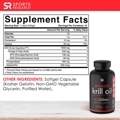 Sports Research Krill Oil Supplement with EPA DHA Omega 3 Phospholipids Astaxanthin from Antarctic Krill Highest Concentration of Krill Oil for Men Women 1000mg 60 Softgel Capsules