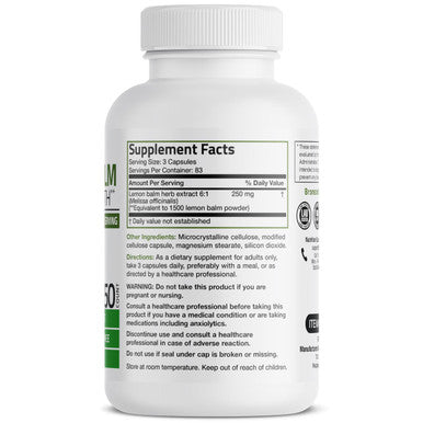 Bronson Melissa Lemon Balm Extra Strength, Non-Gmo, 250 Vegetarian Capsules