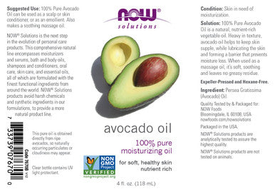 NOW Solutions, Avocado Oil, 100% Pure Moisturizing Oil 4-OZ