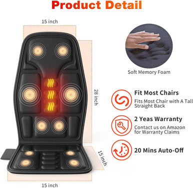 Back Massager With Heat For Pain Relief, Back Massage Chair Pad, Chair Massager For Full Body Massage, Deep Tissue Vibration Massager With 2 Adapters, Chair Massage For Office And Recliner