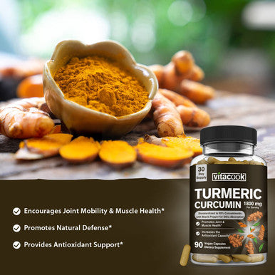 Vitacook Turmeric Curcumin 1800Mg, 95% Curcuminoids For Potency, Superior Absorption With Black Pepper Extract, Raw Whole Root, Vegan Joint & Muscle Support, Non-Gmo, 90 Veggie Caps