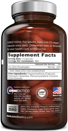 Zinc Picolinate 30Mg Supplement By Omnibiotics - Zinc 30 Mg For Immune System Support, Zinc Supplements For Men & Women - Superior Absorption Zinc Vitamins, Promotes Healthy Skin - 180 Vegan Capsules