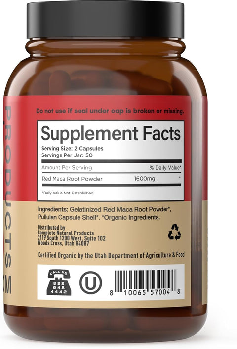 Complete Natural Products Organic Red Maca Root Capsules - 800Mg 100 Gelatinized Pills Pure Red Raw Maca Root Powder Supplement
