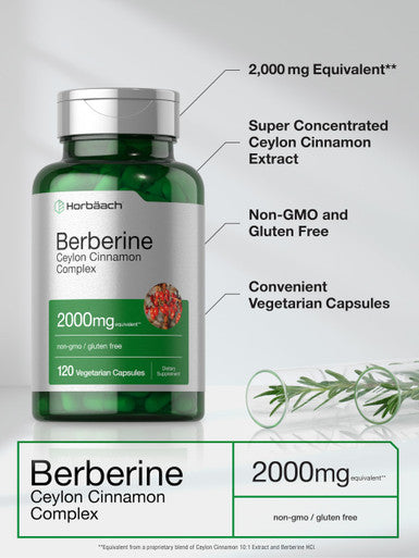 Berberine Plus Ceylon Cinnamon 2000mg 120 Veggie Capsules Vegetarian Non GMO and Gluten Free Supplement Berberine Complex by Horbaach