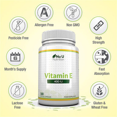 Vitamin E 400 IU, 180 Softgels 6 Month Supply, Vitamin E Capsules, Natural Source Vitamin E, D-Alpha Tocopherol, High Potency and Absorption, Made in The UK