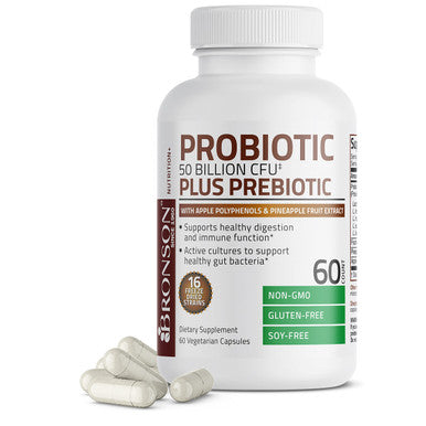 Bronson Probiotic 50 Billion CFU + Prebiotic with Apple Polyphenols & Pineapple Extract for Women & Men Non-GMO, 60 Vegetarian Capsules