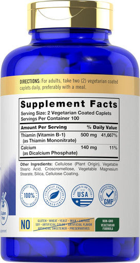 Carlyle Vitamin B1 500mg (Thiamine) | 200 Vegetarian Caplets | Non-GMO and Gluten Supplement