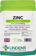 Lindens Zinc Citrate 50mg - 100 Vegan Tablets - Immune Function, Fertility, Healthy Bones, Vision, Hair, Nails and Skin - Made in The UK | (3+ Months Supply) | Letterbox Friendly