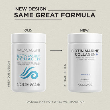 Codeage Biotin Marine Collagen Peptides - Wild-Caught Marine Collagen Types I & III 10000 mcg Biotin Vitamins C & E Hyaluronic Acid Amino Acids Fruit and Herb Blend Non-GMO - 120 Capsules