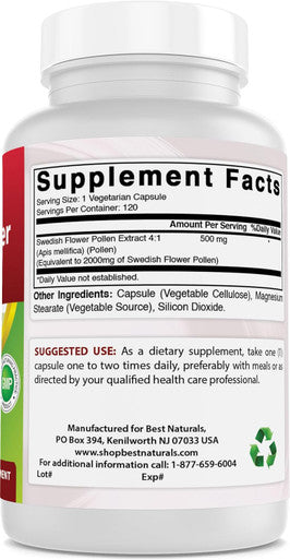 Best Naturals Swedish Flower Pollen 2000 mg Equivalent Per Serving- 120 Capsules