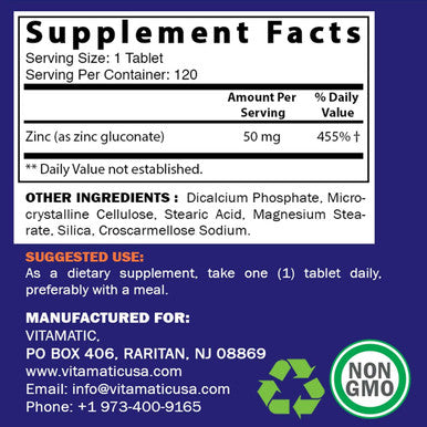2 Pack - Vitamatic Zinc 50Mg As Zinc Gluconate 120 Count - Immunity Supplement (Total 240 Tablets)