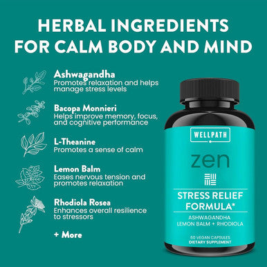 Wellpath Zen Stress Relief Supplement + Mood Support Calm, Stress & Energy Support Ashwagandha Root, Rhodiola Rosea, L-Theanine, Lemon Balm Herbal Capsules, 60 Ct