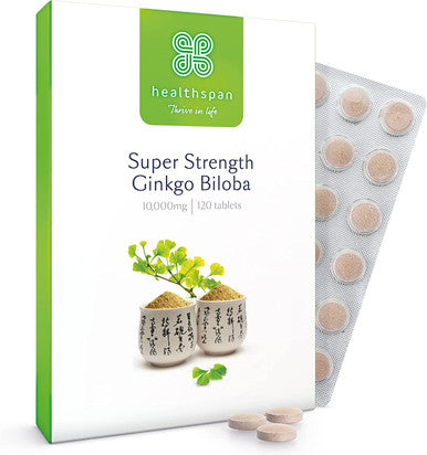 Healthspan Ginkgo Biloba 10,000mg (120 Tablets) | Added Iodine & Vitamin B5 | Reduce Tiredness & Fatigue | Support Cognitive Function & Mental Performance | Rich Source of Flavone Glycosides | Vegan