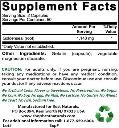Best Naturals Goldenseal Root 570 mg (Non-GMO) 100 Capsules