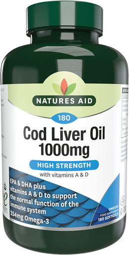 Natures Aid Cod Liver Oil 1000 mg, 180 Softgel Capsules (High Strength 254 mg Omega-3 with Vitamins A and D for Normal Function of the Immune System Made in the UK)