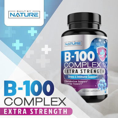 Built Nature Vitamin B Complex - All B Vitamins B1, B2, B3, B5, B6, B7, B9, B12, Folic Acid, Vitamin C - Super B-100 Supplement - Immune, Energy & Metabolism Support, Vegan, Non-Gmo, Gluten Free, 60 Capsules