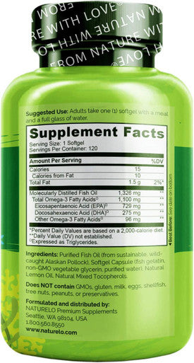 NATURELO Omega-3 Fish Oil Supplement - EPA + DHA - 1100 mg Triglyceride Omega-3 per Gel - One A Day - for Heart, Eye, Brain, Joint Health - No Burps - Lemon Flavor - 120 Softgels | 4 Month Supply