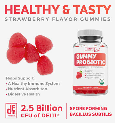 USDA Organic Probiotics for Kids NonGMO Strawberry Flavor Kids Probiotic Gummies for Digestion Immune Support 2.5 Billion CFU of DE111 Spore Forming Strain for Maximum Survivability 30 Gummys