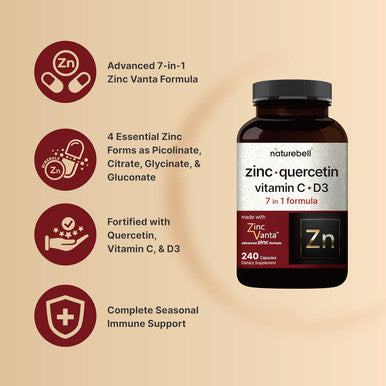 Naturebell Zinc Quercetin With Vitamin C & D3, 240 Capsules Quercetin 1,000Mg, 4 In 1 Zinc 50Mg, Vitamin C 250Mg, Vitamin D3 5,000 Iu ÃƒÂ¢Ã¢â€šÂ¬Ã¢â‚¬Å“ Zincvanta Advanced Immune Defense & Lung Support