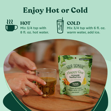 Four Sigmatic Happy Gut Organic Herbal Tea | Organic Lemon Ginger Tea With Probiotics & Turkey Tail Mushroom | Instant Digestive Tea | Vegan Gluten- | Lemon Ginger 24 Servings